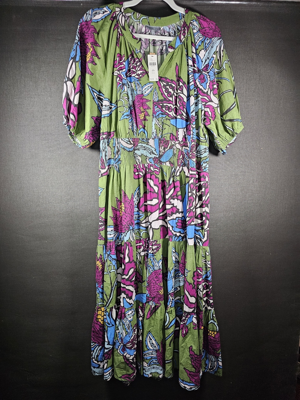 Anthropologie Olive Green Floral Midi Dress with Purple & Blue Accents - Picture 2 of 7